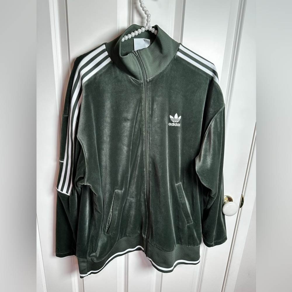 Adidas Dark Green Velour Jacket with White Stripes